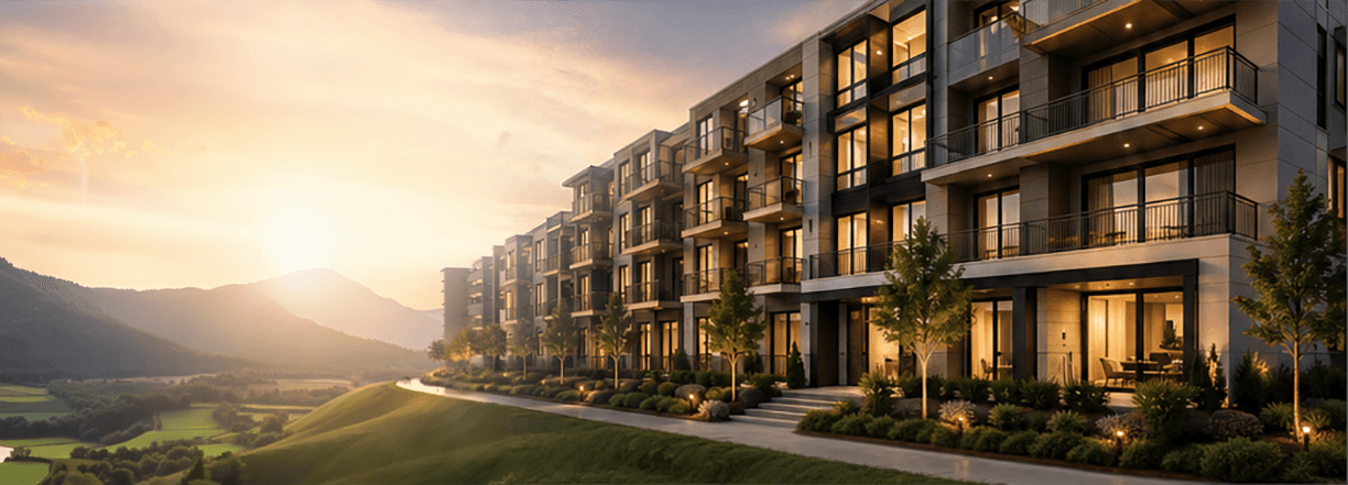 Modern apartment building at golden hour, with a walkway, landscaping, and distant mountains